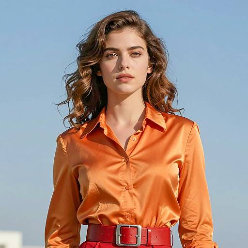 Woman in Orange Satin Shirt and Red Belt