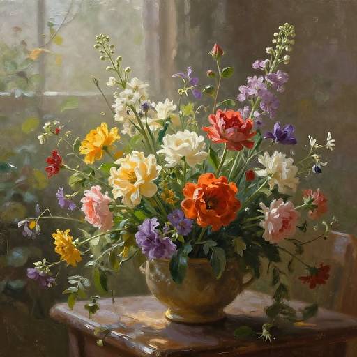 Photorealistic painting of a vibrant floral bouquet with yellow, white, red, pink, and purple flowers in a rustic vase on a wooden table,
