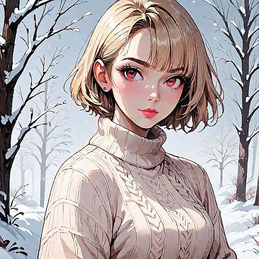 Digital anime-style drawing of a young woman with short blonde hair, pink eyes, and fair skin, wearing a white turtleneck in a snowy,