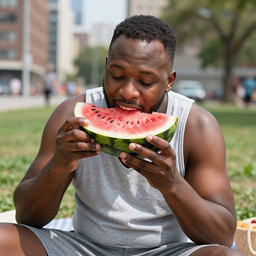 Photograph of a muscular black man in a white tank top, sitting on grass, eating a slice of watermelon outdoors. Blurred city background.