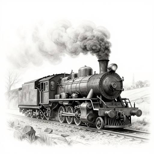Black-and-white digital drawing of a vintage steam locomotive with billowing smoke, detailed iron wheels, and a rustic, grassy background.