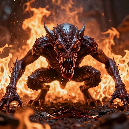 Digital CGI image of a menacing, dark-skinned demon with sharp horns, glowing red eyes, and saliva dripping, crouched in front of intense