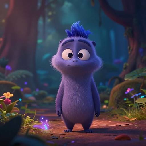 CGI image of a cute, blue-furred, stand-up chipmunk with a mohawk, large eyes, and a surprised expression, standing