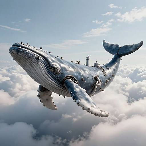 Digital artwork of a metallic, steampunk-style blue whale with mechanical parts soaring through a bright, cloudy sky.