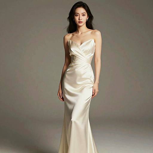 Photograph of an Asian woman with long black hair, wearing a strapless, satin, white evening gown, standing against a neutral gray background.