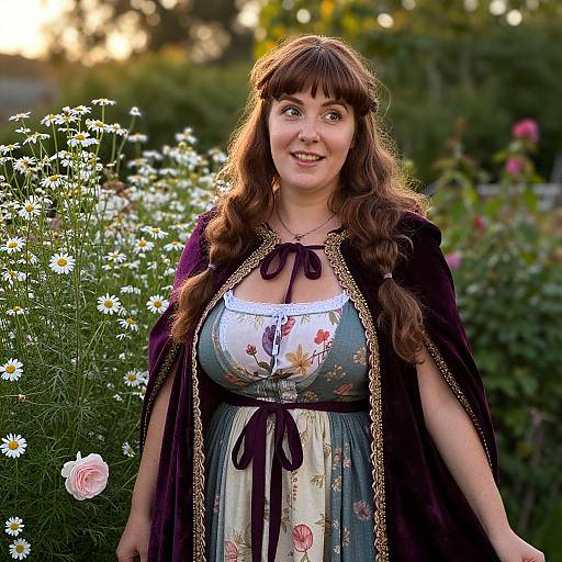 Photograph of a smiling woman with long brown hair, wearing a floral dress and black cape, standing in a sunlit garden with white daisies