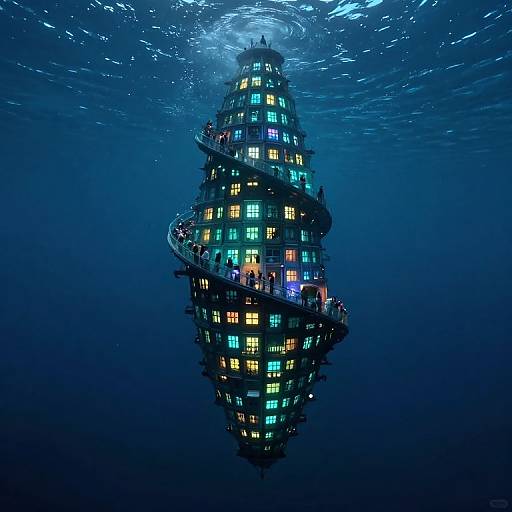 Photograph of an illuminated, spiral-shaped underwater city with multicolored windows, floating in a dark, deep blue ocean.