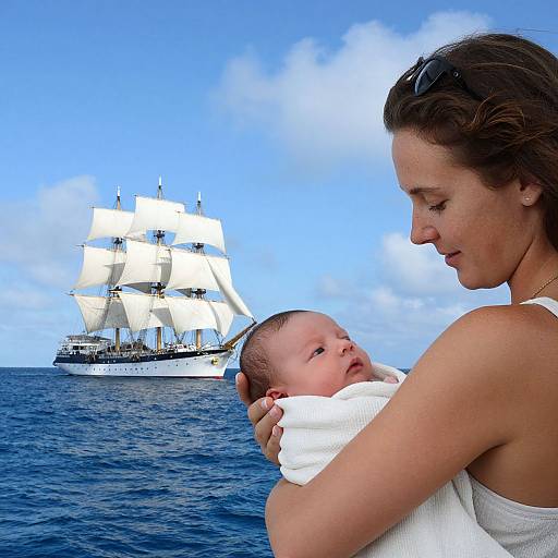 Photograph of a woman with brown hair in a white tank top, holding a baby in a white blanket, gazing at a large white sailing ship