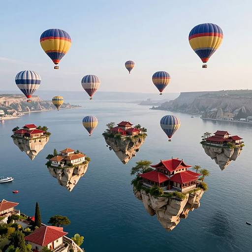 Photograph of floating houses with red roofs, surrounded by colorful hot air balloons, above a calm, blue lake, with distant cliffs and a clear sky