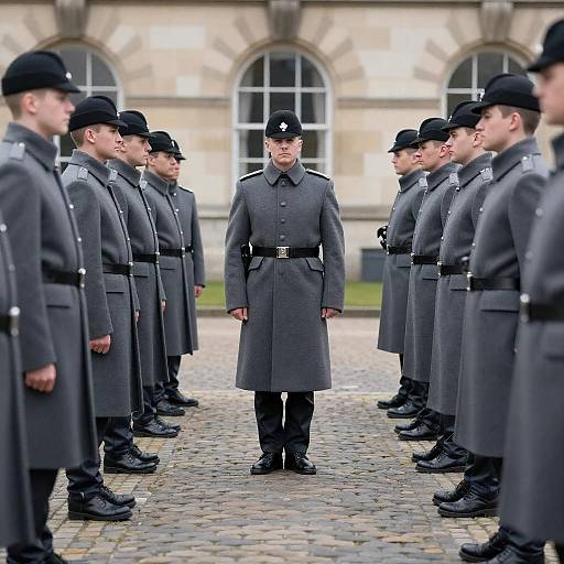 Serious Military Formation in Cobblestone Setting