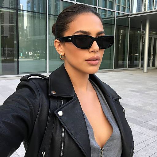Photograph of a woman with light brown skin, dark hair in a slick back bun, wearing black sunglasses, a black jacket, gray V-neck top