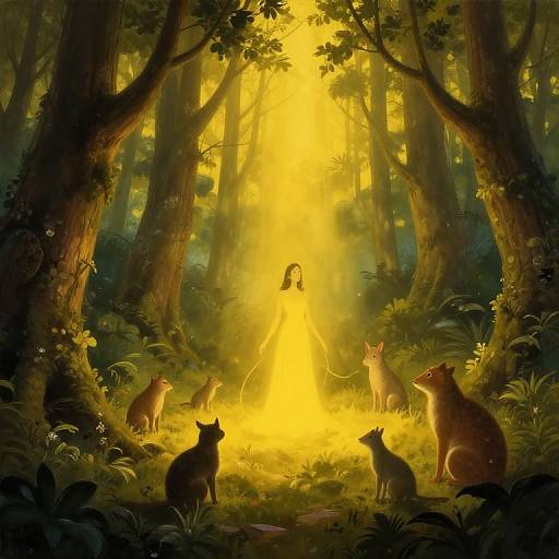 Digital fantasy artwork: Golden light illuminates a forest with six alert cats, one standing figure in the center, surrounded by tall trees and lush greenery