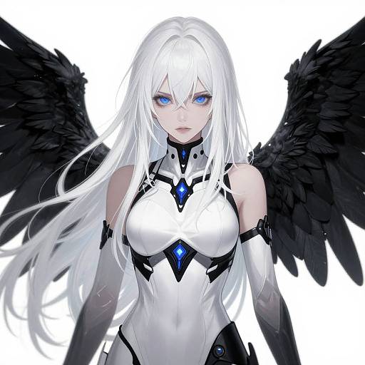 Digital anime-style illustration of a white-haired, blue-eyed woman with large black wings, wearing a white and black bodysuit with blue gem accents,