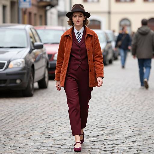 Photograph of a woman in vintage-style brown suit, rust-orange coat, black hat, and maroon shoes, walking on a cobblestone street