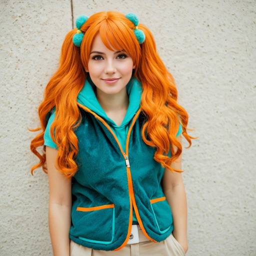 Young Woman in Bright Orange Wig and Teal Vest