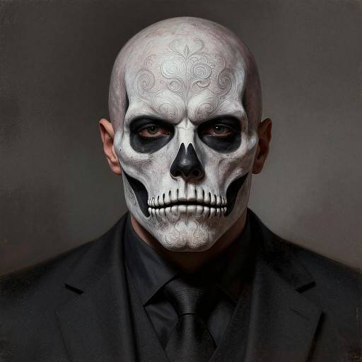 Photographic portrait of a bald man with a white, intricately patterned skull mask, dark eye sockets, black suit, and gray background.