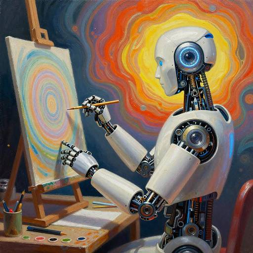 Digital painting of a white robot with blue eyes painting an abstract, colorful spiral on a canvas, surrounded by vibrant, swirling light.
