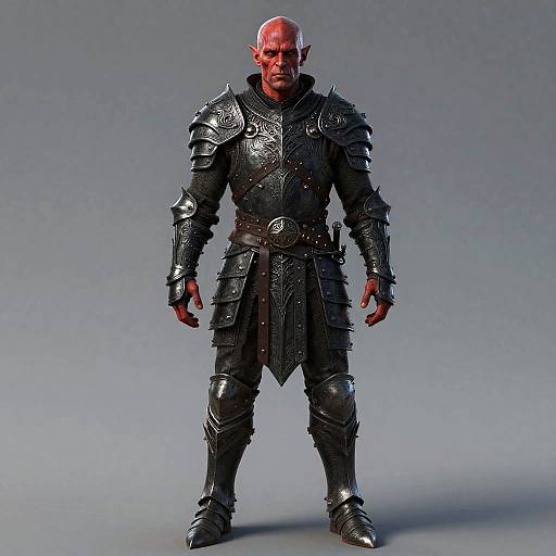 CGI image of a bald, red-skinned, muscular orc warrior in detailed black armor with intricate patterns, standing against a plain gray background.