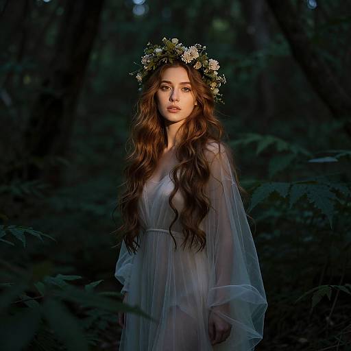 Photograph of a young woman with long, wavy brown hair, wearing a sheer white dress and a floral crown, standing in a dark, forest
