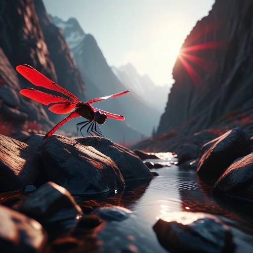 Cinematic Crimson Dragonfly at Sunrise