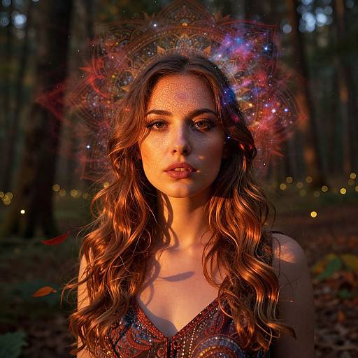 Photograph of a young woman with wavy brown hair, wearing a sparkly, galaxy-themed crown, standing in a dark forest at sunset.