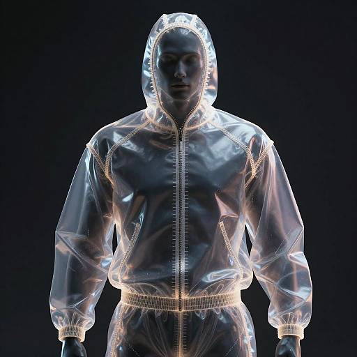 Photorealistic CGI of a muscular man in a transparent, illuminated hooded jacket with glowing seams, set against a black background.