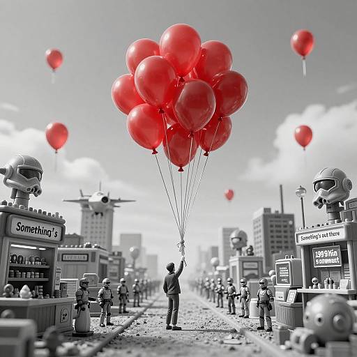 Man Holding Red Balloons in Grayscale Toy City