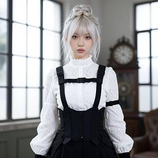 Photograph of a young Asian woman with platinum blonde hair in a bun, wearing a white lace top and black pinafore dress, standing in a