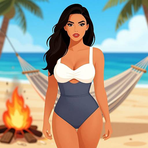 Digital illustration of a curvy woman with long black hair, wearing a white and blue swimsuit, standing on a sunny beach with a hammock,