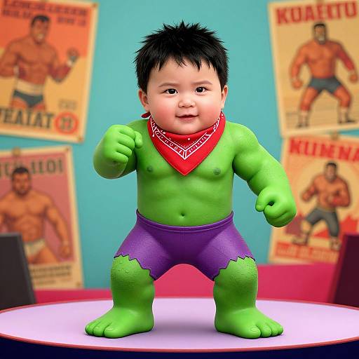 Digital art of chubby baby Hulk standing on a white platform, wearing green skin, purple shorts, red bandana, with muscular posters in colorful background.