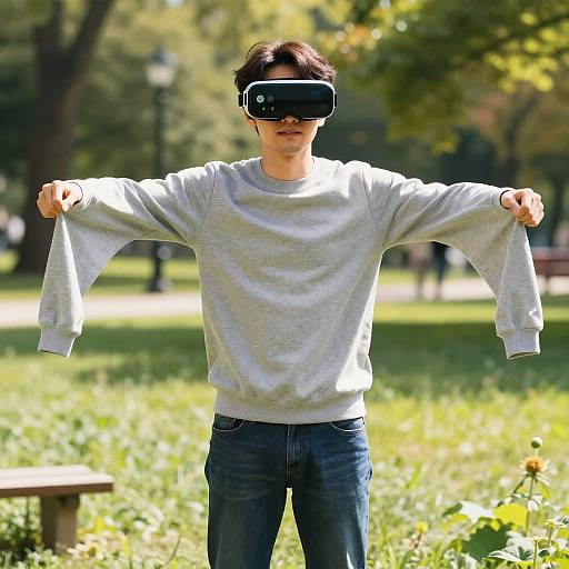 Photograph of a young man in a gray sweatshirt and blue jeans, standing in a sunlit park, wearing VR goggles, holding out sleeves,