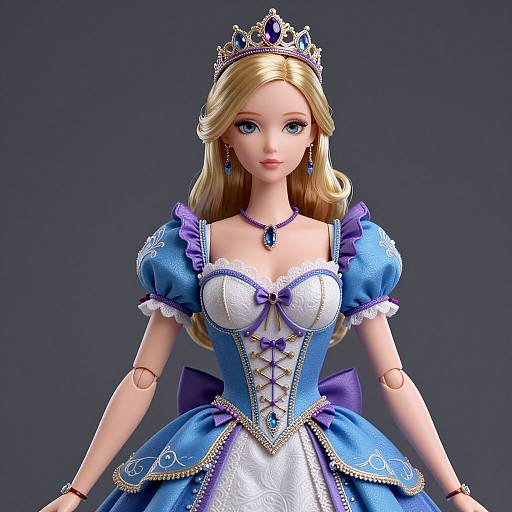Photorealistic CGI of a blonde princess doll with blue eyes, wearing a blue and white corset dress, purple bows, and a jeweled crown
