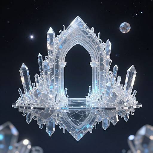 Digital artwork of a glowing, crystalline arch with intricate crystal formations, floating in a starry, dark blue space background.