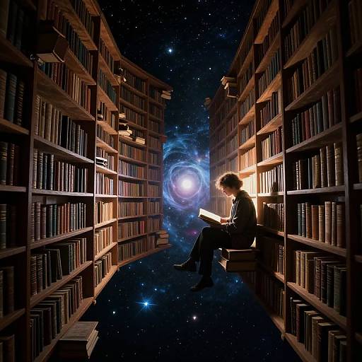 Silhouetted person reading in a library aisle, surrounded by bookshelves, with a cosmic galaxy and swirls in the background. Digital art