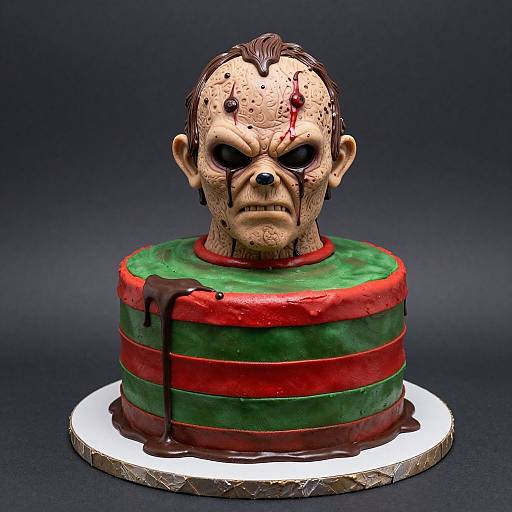 Photorealistic cake featuring a horror-themed, bloody, angry-faced head with dark eyes, set atop green and red striped layers with dripping chocolate.