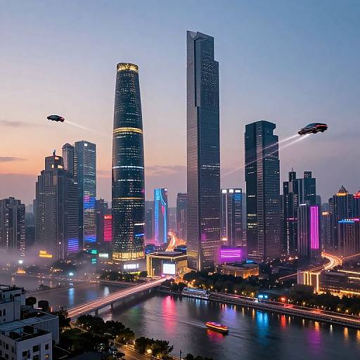 Photograph of a futuristic city skyline at dusk, featuring tall, illuminated skyscrapers with neon lights, flying drones, and a river reflecting colorful lights