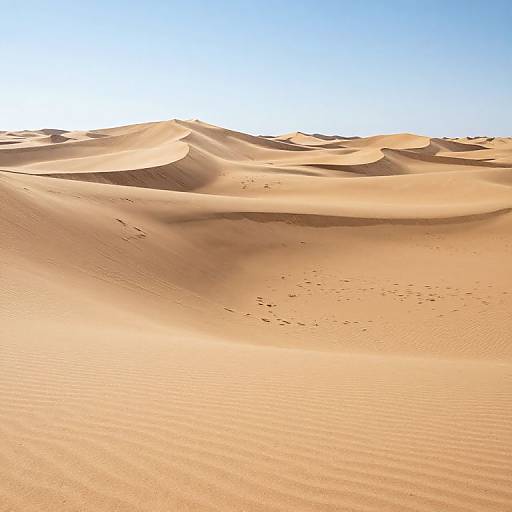 Photograph of a vast desert with golden sand dunes under a clear, bright blue sky. Ripples and footprints visible on the sand.