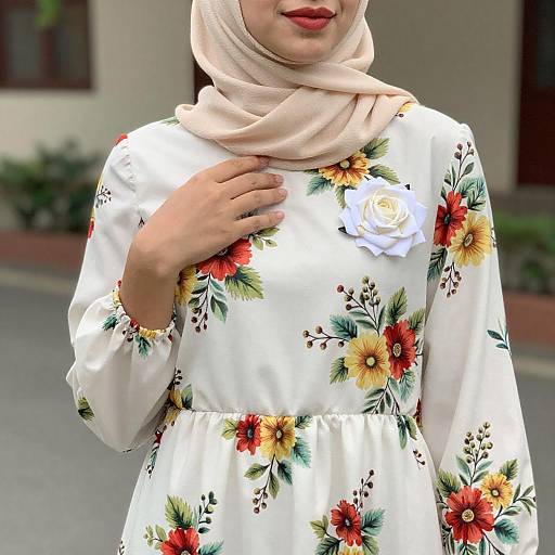 Elegant Woman in Floral Dress and Hijab