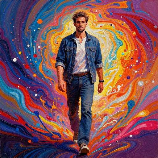 Photograph-style digital art of a bearded man in a denim jacket and jeans, walking through a vibrant, swirling abstract background of orange, blue,