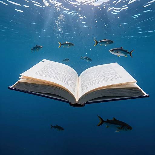 Photograph of an open, glowing book floating underwater surrounded by swimming fish, with sunlight filtering through the blue water.