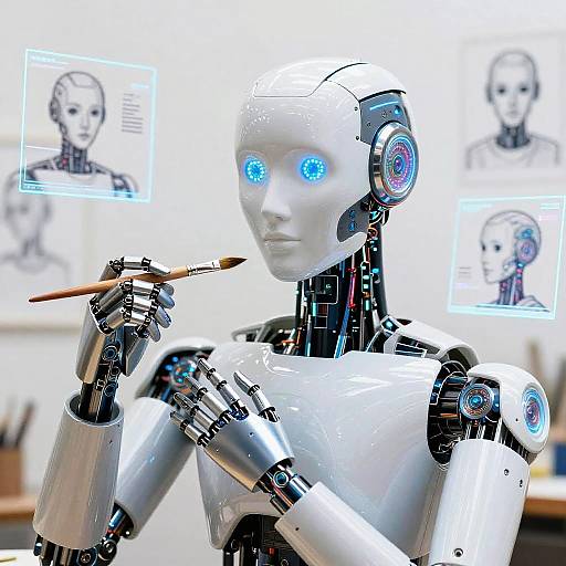Photograph of a white, female humanoid robot with glowing blue eyes, holding a paintbrush, standing in front of three digital sketches of her face on