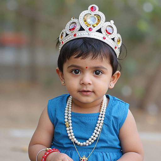 Photograph of a young Indian girl with dark skin, wearing a silver tiara, blue dress, pearl necklace, and red bangle, against a