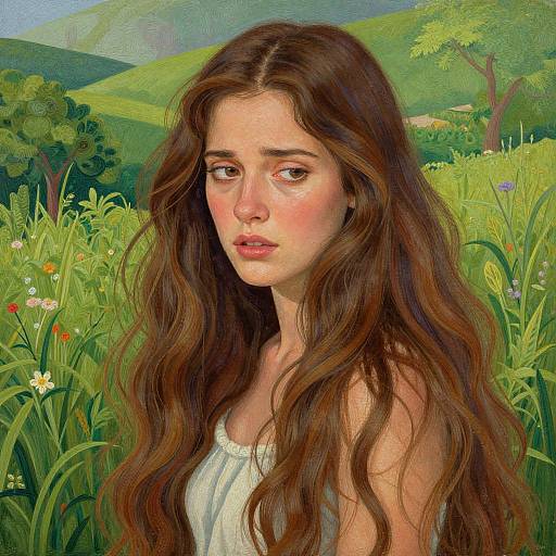 Digital painting of a young woman with long, wavy brown hair, wearing a white top, standing in a lush, green, mountainous field with