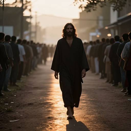 Photograph of a bearded man with long hair, wearing a dark robe, walking down a sunlit, crowded street at sunset. Silhouet