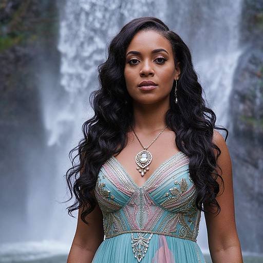 Photograph of a black woman with long curly hair, wearing a teal, beaded, low-cut dress, standing in front of a waterfall. She