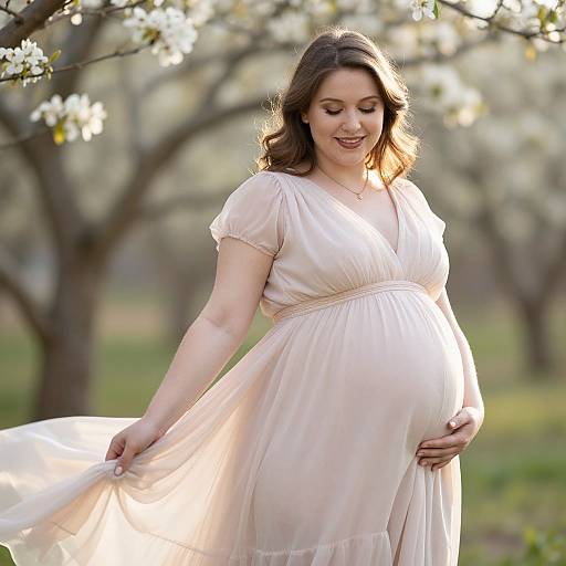 Photograph of a pregnant woman with fair skin and brown hair, wearing a flowing, pale pink dress, standing in a sunlit orchard, gently