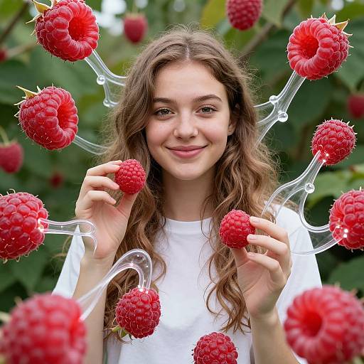 Photograph of a smiling young woman with wavy brown hair, holding clear, stemless raspberries in front of a green raspberry bush. She wears