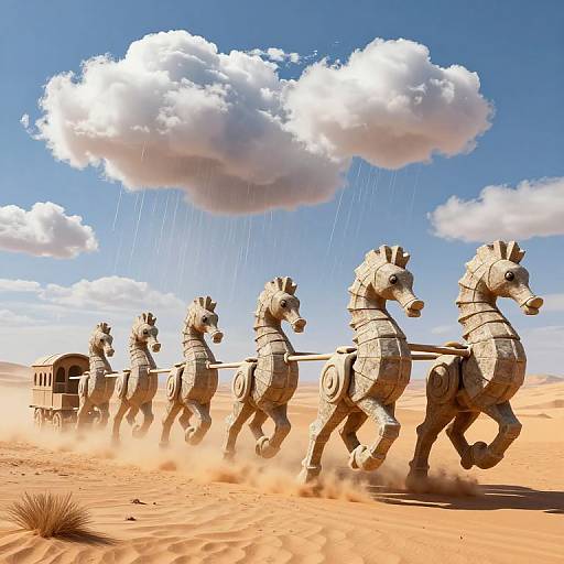 Photorealistic CGI of stone-carved horses pulling a wagon through a sandy desert, with a large cloud raining over a bright blue sky.