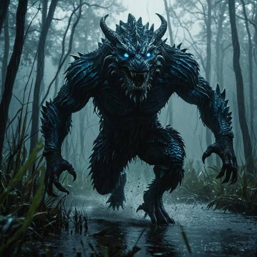 Mythical Creature Running Through Misty Swamp Mythical Creature Running Through Misty Swamp