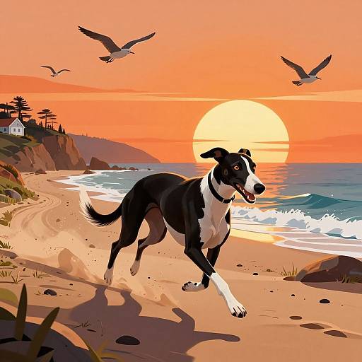 Digital illustration of a black and white dog running on a sandy beach at sunset, with birds flying, waves crashing, and a house on the cliffs in